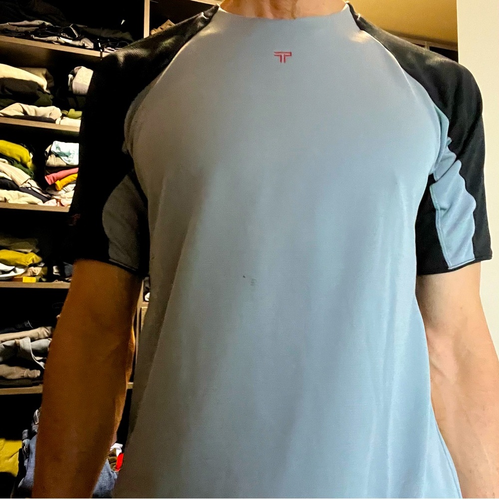 TUMI workout shirt in grey and black size S